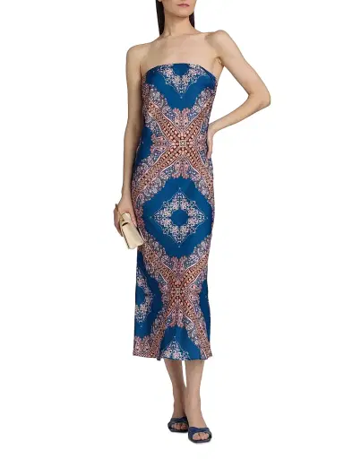 MISA Los Angeles Women's Thara Paisley Medallion Strapless Midi-Dress - Sapphire Tapis Satin | Thumbnail 3 MISA Los Angeles Women's Thara Paisley Medallion Strapless Midi-Dress - Sapphire Tapis Satin | Thumbnail 3