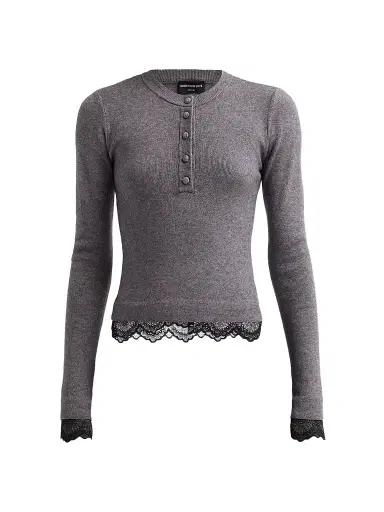Generation Love Women's Olivia Lace-Trim Henley Sweater - Heather Charcoal Black | Thumbnail 1 Generation Love Women's Olivia Lace-Trim Henley Sweater - Heather Charcoal Black | Thumbnail 1