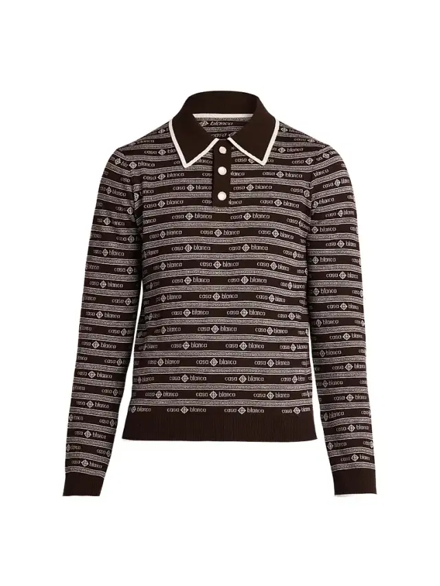 Men's Wordmark Wool Long-Sleeve Polo Shirt - Dark Brown Men's Wordmark Wool Long-Sleeve Polo Shirt - Dark Brown