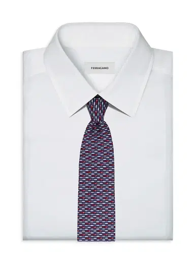 Ferragamo Men's Oar Print Silk Tie - Blue Scuro Rosso | Thumbnail 2 Ferragamo Men's Oar Print Silk Tie - Blue Scuro Rosso | Thumbnail 2