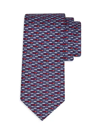 Ferragamo Men's Oar Print Silk Tie - Blue Scuro Rosso | Thumbnail 1 Ferragamo Men's Oar Print Silk Tie - Blue Scuro Rosso | Thumbnail 1