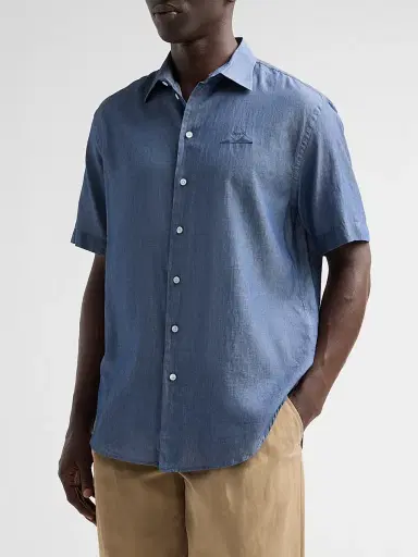 Emporio Armani Men's Solid Chambray Short-Sleeve Sport Shirt - Solid Medium Blue - Size XXL | Thumbnail 4 Emporio Armani Men's Solid Chambray Short-Sleeve Sport Shirt - Solid Medium Blue - Size XXL | Thumbnail 4