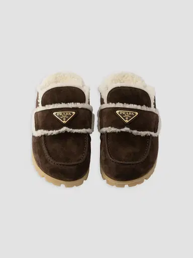 Prada Women's Suede and Shearling Mules - Dark Brown | Thumbnail 2 Prada Women's Suede and Shearling Mules - Dark Brown | Thumbnail 2