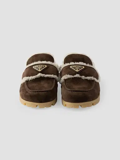 Prada Women's Suede and Shearling Mules - Dark Brown | Thumbnail 4 Prada Women's Suede and Shearling Mules - Dark Brown | Thumbnail 4