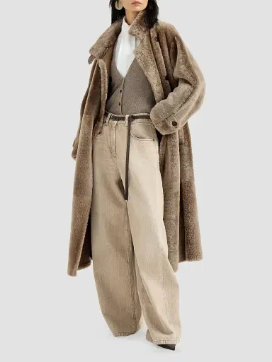 Brunello Cucinelli Women's Authentic Denim Wide Jeans with Monili - Sand | Thumbnail 2 Brunello Cucinelli Women's Authentic Denim Wide Jeans with Monili - Sand | Thumbnail 2