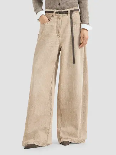 Brunello Cucinelli Women's Authentic Denim Wide Jeans with Monili - Sand | Thumbnail 3 Brunello Cucinelli Women's Authentic Denim Wide Jeans with Monili - Sand | Thumbnail 3