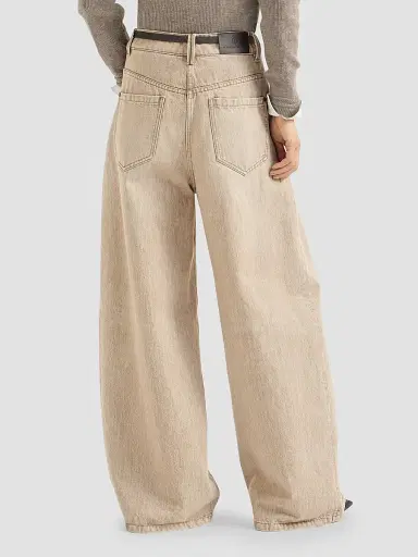 Brunello Cucinelli Women's Authentic Denim Wide Jeans with Monili - Sand | Thumbnail 4 Brunello Cucinelli Women's Authentic Denim Wide Jeans with Monili - Sand | Thumbnail 4