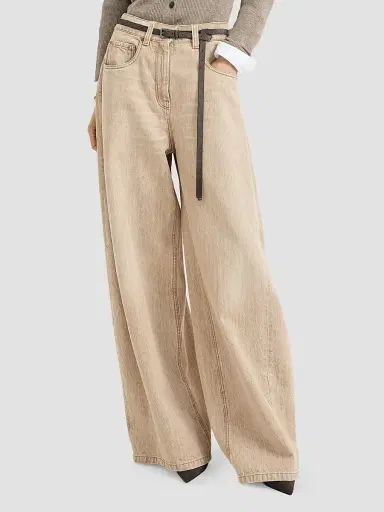Brunello Cucinelli Women's Authentic Denim Wide Jeans with Monili - Sand | Thumbnail 5 Brunello Cucinelli Women's Authentic Denim Wide Jeans with Monili - Sand | Thumbnail 5