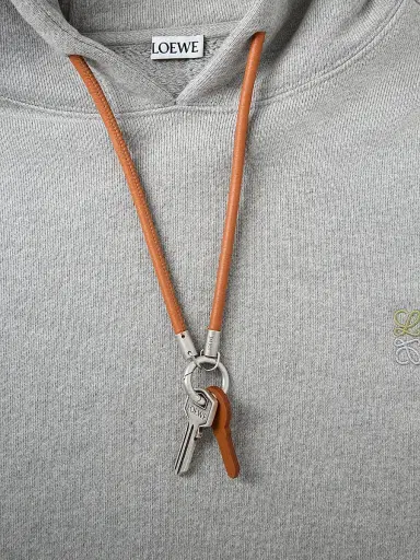 Loewe Men's Keyring Leather Drawstring Cotton Hoodie - Grey Melange | Thumbnail 2 Loewe Men's Keyring Leather Drawstring Cotton Hoodie - Grey Melange | Thumbnail 2