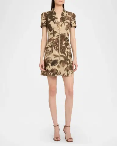 Oscar de la Renta Chine Palm-Print Short-Sleeve Zip Mini Dress | Thumbnail 2 Oscar de la Renta Chine Palm-Print Short-Sleeve Zip Mini Dress | Thumbnail 2