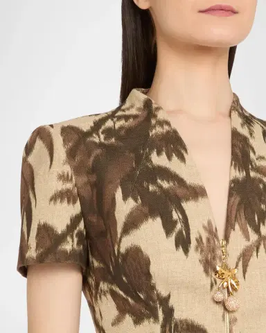 Oscar de la Renta Chine Palm-Print Short-Sleeve Zip Mini Dress | Thumbnail 5 Oscar de la Renta Chine Palm-Print Short-Sleeve Zip Mini Dress | Thumbnail 5