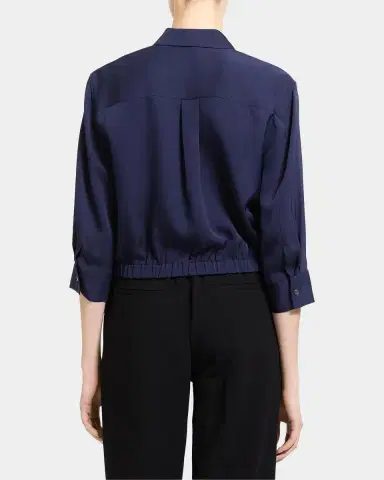 Theory Scrunched-Sleeve Cropped Button-Front Silk Shirt | Thumbnail 3 Theory Scrunched-Sleeve Cropped Button-Front Silk Shirt | Thumbnail 3