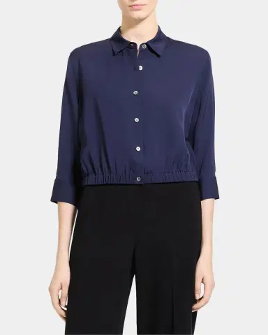 Theory Scrunched-Sleeve Cropped Button-Front Silk Shirt | Thumbnail 4 Theory Scrunched-Sleeve Cropped Button-Front Silk Shirt | Thumbnail 4