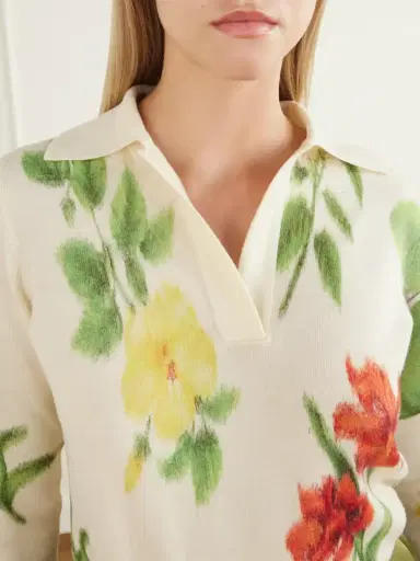 Oscar de la Renta Floral-printed Wool Polo Sweater | Thumbnail 4 Oscar de la Renta Floral-printed Wool Polo Sweater | Thumbnail 4
