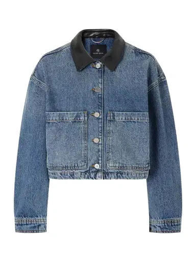 Anine Bing Yuma Cropped Textured-trimmed Denim Jacket | Thumbnail 1 Anine Bing Yuma Cropped Textured-trimmed Denim Jacket | Thumbnail 1