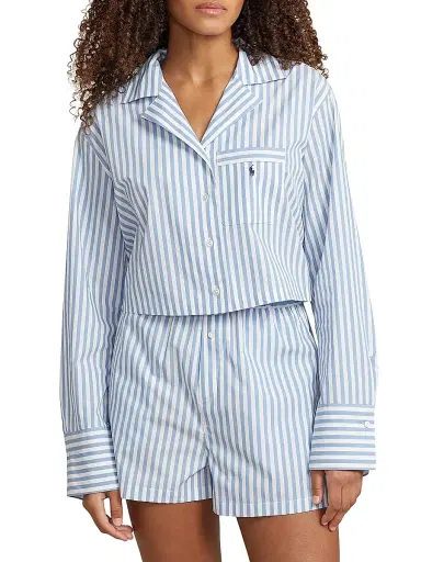 Polo Ralph Lauren Women's Shirting Stripes Cropped 2-Piece Pajama Set - Wide Stripes | Thumbnail 3 Polo Ralph Lauren Women's Shirting Stripes Cropped 2-Piece Pajama Set - Wide Stripes | Thumbnail 3