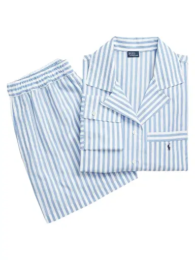Polo Ralph Lauren Women's Shirting Stripes Cropped 2-Piece Pajama Set - Wide Stripes | Thumbnail 1 Polo Ralph Lauren Women's Shirting Stripes Cropped 2-Piece Pajama Set - Wide Stripes | Thumbnail 1
