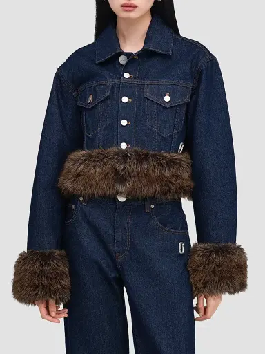 Marc Jacobs Women's Faux-Fur-Trim Shrunken Trucker Jacket - Dark Slub Indigo | Thumbnail 4 Marc Jacobs Women's Faux-Fur-Trim Shrunken Trucker Jacket - Dark Slub Indigo | Thumbnail 4