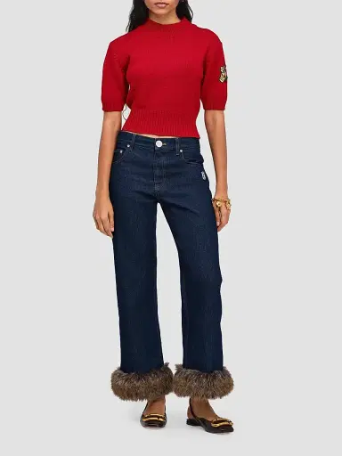 Marc Jacobs Women's Faux-Fur-Trimmed Crop Jeans - Dark Slub Indigo | Thumbnail 2 Marc Jacobs Women's Faux-Fur-Trimmed Crop Jeans - Dark Slub Indigo | Thumbnail 2