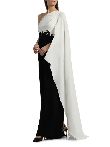 Teri Jon by Rickie Freeman Women's One-Shoulder Cape-Sleeve Gown - Black White | Thumbnail 2 Teri Jon by Rickie Freeman Women's One-Shoulder Cape-Sleeve Gown - Black White | Thumbnail 2