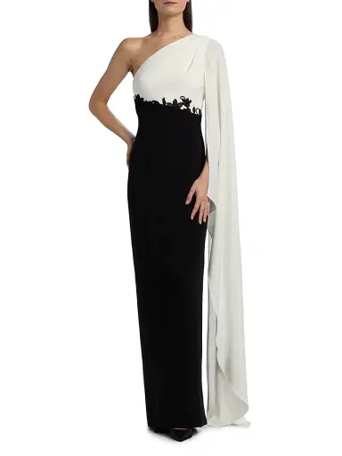 Teri Jon by Rickie Freeman Women's One-Shoulder Cape-Sleeve Gown - Black White | Thumbnail 3 Teri Jon by Rickie Freeman Women's One-Shoulder Cape-Sleeve Gown - Black White | Thumbnail 3