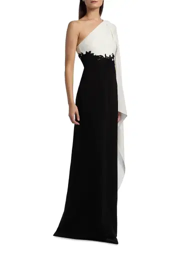 Teri Jon by Rickie Freeman Women's One-Shoulder Cape-Sleeve Gown - Black White | Thumbnail 4 Teri Jon by Rickie Freeman Women's One-Shoulder Cape-Sleeve Gown - Black White | Thumbnail 4