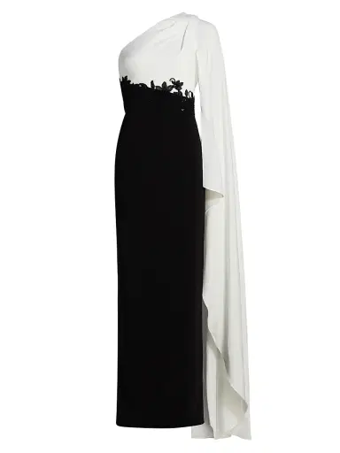 Teri Jon by Rickie Freeman Women's One-Shoulder Cape-Sleeve Gown - Black White | Thumbnail 1 Teri Jon by Rickie Freeman Women's One-Shoulder Cape-Sleeve Gown - Black White | Thumbnail 1