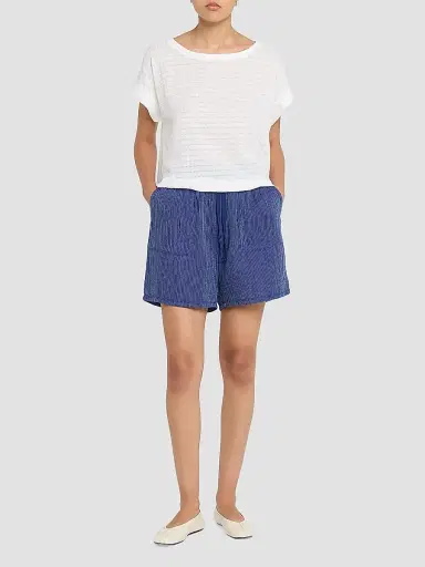 Eileen Fisher Women's Striped Cotton Gauze Walking Shorts - Blue Stripe | Thumbnail 2 Eileen Fisher Women's Striped Cotton Gauze Walking Shorts - Blue Stripe | Thumbnail 2