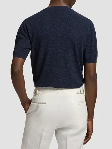 Ralph Lauren Purple Label Men's Cotton-Silk Textured Short-Sleeve Sweater - Racing Navy | Thumbnail 3 Ralph Lauren Purple Label Men's Cotton-Silk Textured Short-Sleeve Sweater - Racing Navy | Thumbnail 3