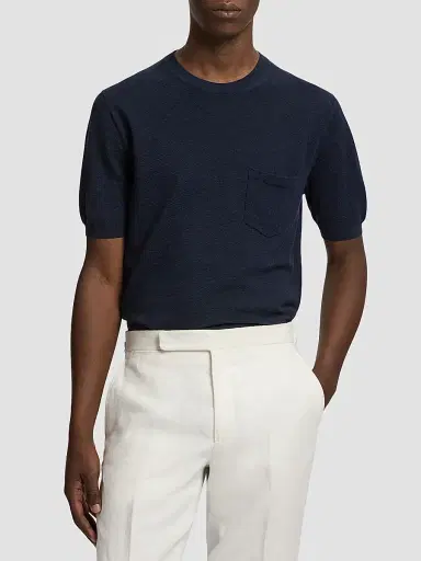 Ralph Lauren Purple Label Men's Cotton-Silk Textured Short-Sleeve Sweater - Racing Navy | Thumbnail 4 Ralph Lauren Purple Label Men's Cotton-Silk Textured Short-Sleeve Sweater - Racing Navy | Thumbnail 4