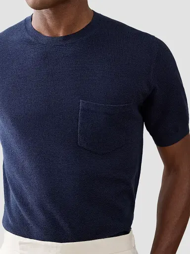 Ralph Lauren Purple Label Men's Cotton-Silk Textured Short-Sleeve Sweater - Racing Navy | Thumbnail 6 Ralph Lauren Purple Label Men's Cotton-Silk Textured Short-Sleeve Sweater - Racing Navy | Thumbnail 6