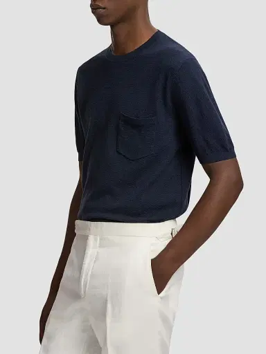 Ralph Lauren Purple Label Men's Cotton-Silk Textured Short-Sleeve Sweater - Racing Navy | Thumbnail 7 Ralph Lauren Purple Label Men's Cotton-Silk Textured Short-Sleeve Sweater - Racing Navy | Thumbnail 7
