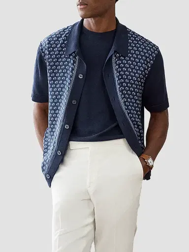 Ralph Lauren Purple Label Men's Cotton-Silk Textured Short-Sleeve Sweater - Racing Navy | Thumbnail 8 Ralph Lauren Purple Label Men's Cotton-Silk Textured Short-Sleeve Sweater - Racing Navy | Thumbnail 8