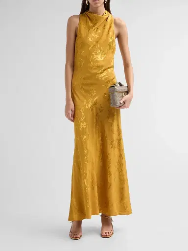 Hemant & Nandita Women's Floral Jacqaurd Cowl Midi Dress - Gold | Thumbnail 2 Hemant & Nandita Women's Floral Jacqaurd Cowl Midi Dress - Gold | Thumbnail 2