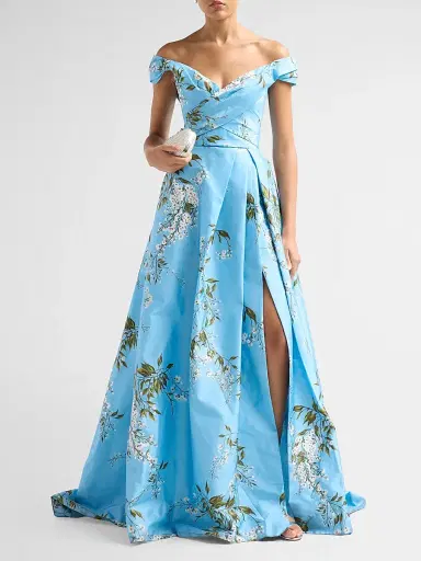 Monique Lhuillier Women's Floral Silk Taffeta Off-the-Shoulder Ballgown - Horizon Blue Multi | Thumbnail 2 Monique Lhuillier Women's Floral Silk Taffeta Off-the-Shoulder Ballgown - Horizon Blue Multi | Thumbnail 2