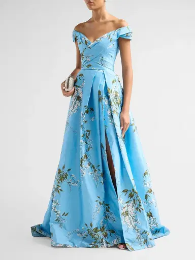 Monique Lhuillier Women's Floral Silk Taffeta Off-the-Shoulder Ballgown - Horizon Blue Multi | Thumbnail 4 Monique Lhuillier Women's Floral Silk Taffeta Off-the-Shoulder Ballgown - Horizon Blue Multi | Thumbnail 4