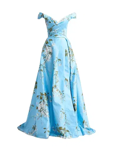 Monique Lhuillier Women's Floral Silk Taffeta Off-the-Shoulder Ballgown - Horizon Blue Multi | Thumbnail 1 Monique Lhuillier Women's Floral Silk Taffeta Off-the-Shoulder Ballgown - Horizon Blue Multi | Thumbnail 1