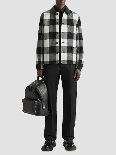 Givenchy Men's Checked Overshirt in Wool with Leather Collar - Cream Black | Thumbnail 2 Givenchy Men's Checked Overshirt in Wool with Leather Collar - Cream Black | Thumbnail 2