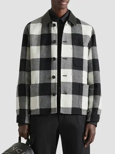 Givenchy Men's Checked Overshirt in Wool with Leather Collar - Cream Black | Thumbnail 3 Givenchy Men's Checked Overshirt in Wool with Leather Collar - Cream Black | Thumbnail 3