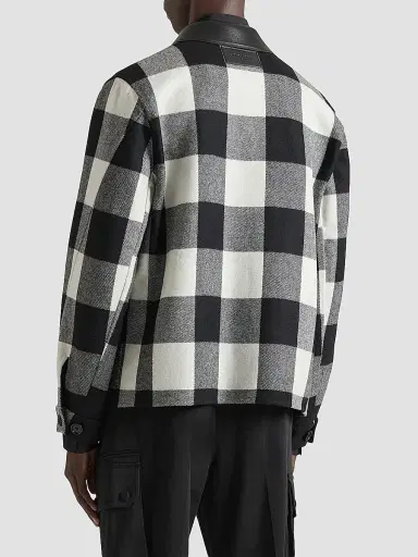 Givenchy Men's Checked Overshirt in Wool with Leather Collar - Cream Black | Thumbnail 4 Givenchy Men's Checked Overshirt in Wool with Leather Collar - Cream Black | Thumbnail 4