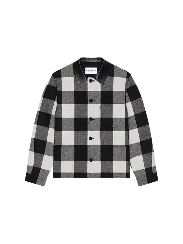 Men's Checked Overshirt in Wool with Leather Collar - Cream Black Men's Checked Overshirt in Wool with Leather Collar - Cream Black