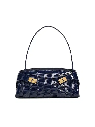 Ferragamo Women's Hug Whispers Patent Leather East-West Shoulder Bag - Navy | Thumbnail 1 Ferragamo Women's Hug Whispers Patent Leather East-West Shoulder Bag - Navy | Thumbnail 1