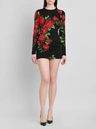 Dolce & Gabbana Women's Floral Stretch-Silk Crewneck Minidress - Rose Rosse Nero | Thumbnail 2 Dolce & Gabbana Women's Floral Stretch-Silk Crewneck Minidress - Rose Rosse Nero | Thumbnail 2