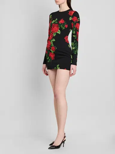 Dolce & Gabbana Women's Floral Stretch-Silk Crewneck Minidress - Rose Rosse Nero | Thumbnail 4 Dolce & Gabbana Women's Floral Stretch-Silk Crewneck Minidress - Rose Rosse Nero | Thumbnail 4