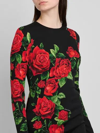 Dolce & Gabbana Women's Floral Stretch-Silk Crewneck Minidress - Rose Rosse Nero | Thumbnail 5 Dolce & Gabbana Women's Floral Stretch-Silk Crewneck Minidress - Rose Rosse Nero | Thumbnail 5
