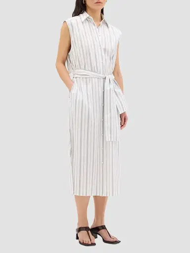 Another Tomorrow Women's Sleeveless Pleat Back Tie Dress - White Navy Stripe - Size Large | Thumbnail 2 Another Tomorrow Women's Sleeveless Pleat Back Tie Dress - White Navy Stripe - Size Large | Thumbnail 2