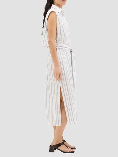 Another Tomorrow Women's Sleeveless Pleat Back Tie Dress - White Navy Stripe - Size Large | Thumbnail 3 Another Tomorrow Women's Sleeveless Pleat Back Tie Dress - White Navy Stripe - Size Large | Thumbnail 3