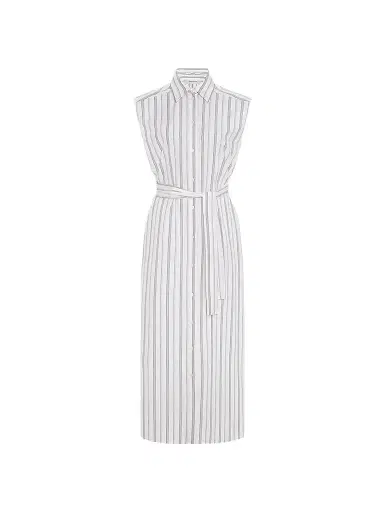 Another Tomorrow Women's Sleeveless Pleat Back Tie Dress - White Navy Stripe - Size Large | Thumbnail 1 Another Tomorrow Women's Sleeveless Pleat Back Tie Dress - White Navy Stripe - Size Large | Thumbnail 1