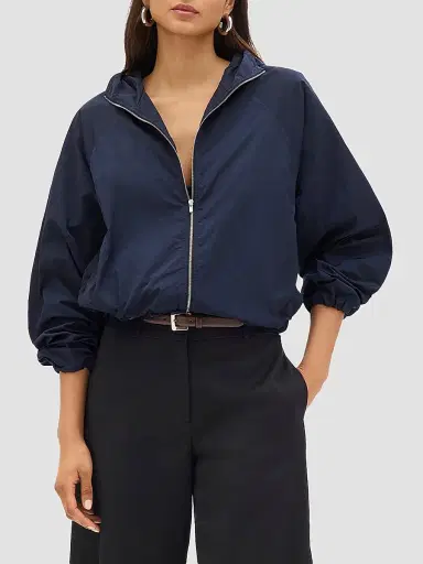 Another Tomorrow Women's Nylon Short Blouson Jacket - Navy | Thumbnail 2 Another Tomorrow Women's Nylon Short Blouson Jacket - Navy | Thumbnail 2