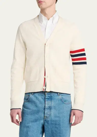 Thom Browne Men's Cotton and Linen 4-Bar Sleeve Cardigan | Thumbnail 4 Thom Browne Men's Cotton and Linen 4-Bar Sleeve Cardigan | Thumbnail 4